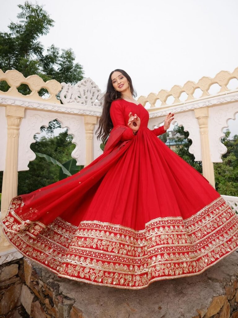 Red Embroidered Fox Georgette Gown with Dupatta – Heavy Coding Sequence Work | Sajdeya