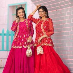 special bandhej lehenga crop top & jacket set – pure chinon & bandhej fabric | sajdeya