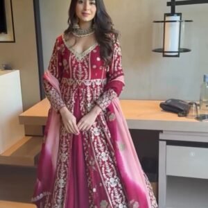 elegant magenta embroidered georgette 3 piece set – thread & sequin work with dupatta | sajdeya