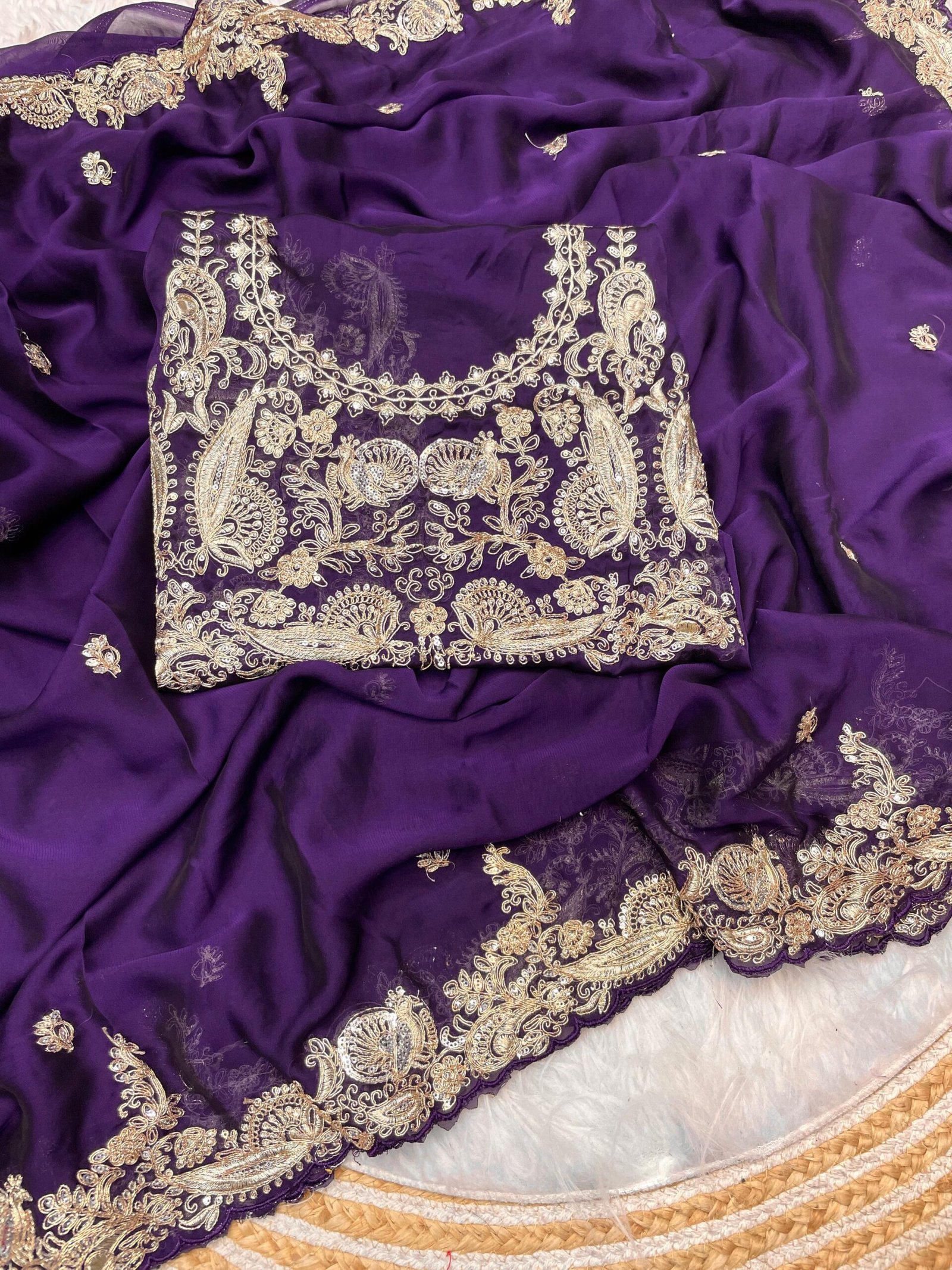 Majestic Midnight Purple Embroidered Saree – Elegance in Every Drape | Sajdeya - Image 2