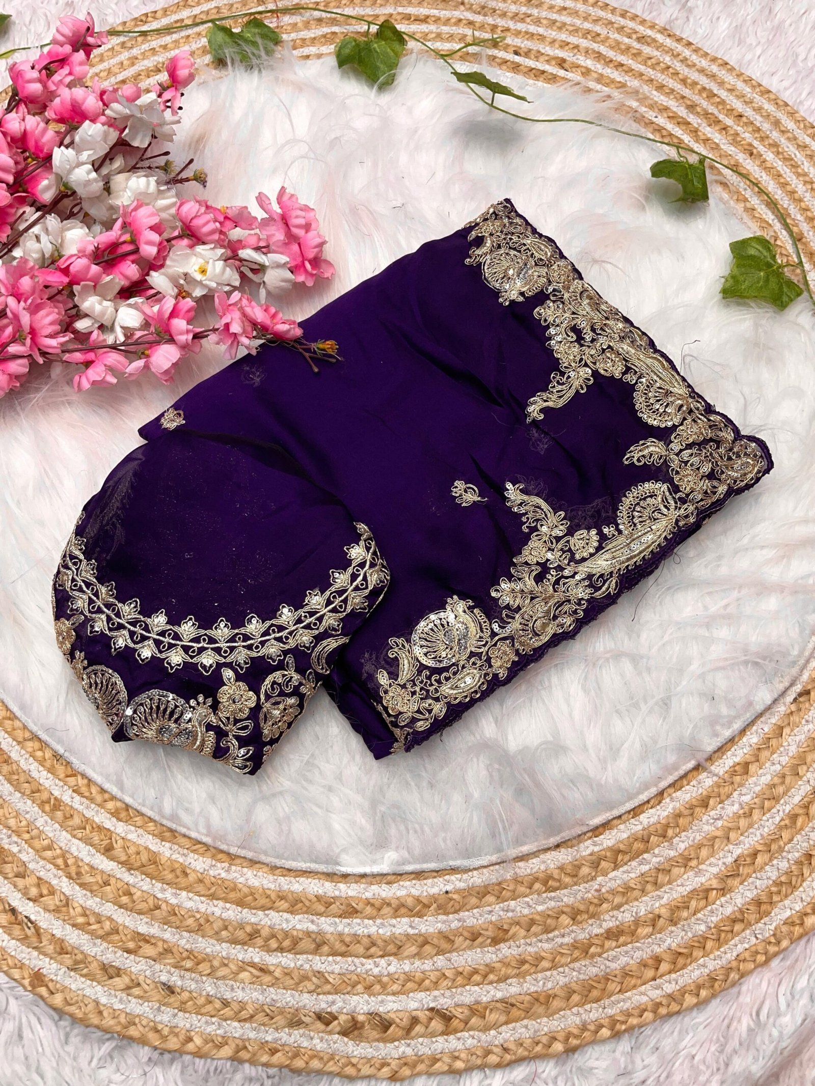 Majestic Midnight Purple Embroidered Saree – Elegance in Every Drape | Sajdeya - Image 4