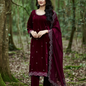 luxury maroon velvet party wear set – heavy rhinestone & embroidered viscose velvet suit | sajdeya