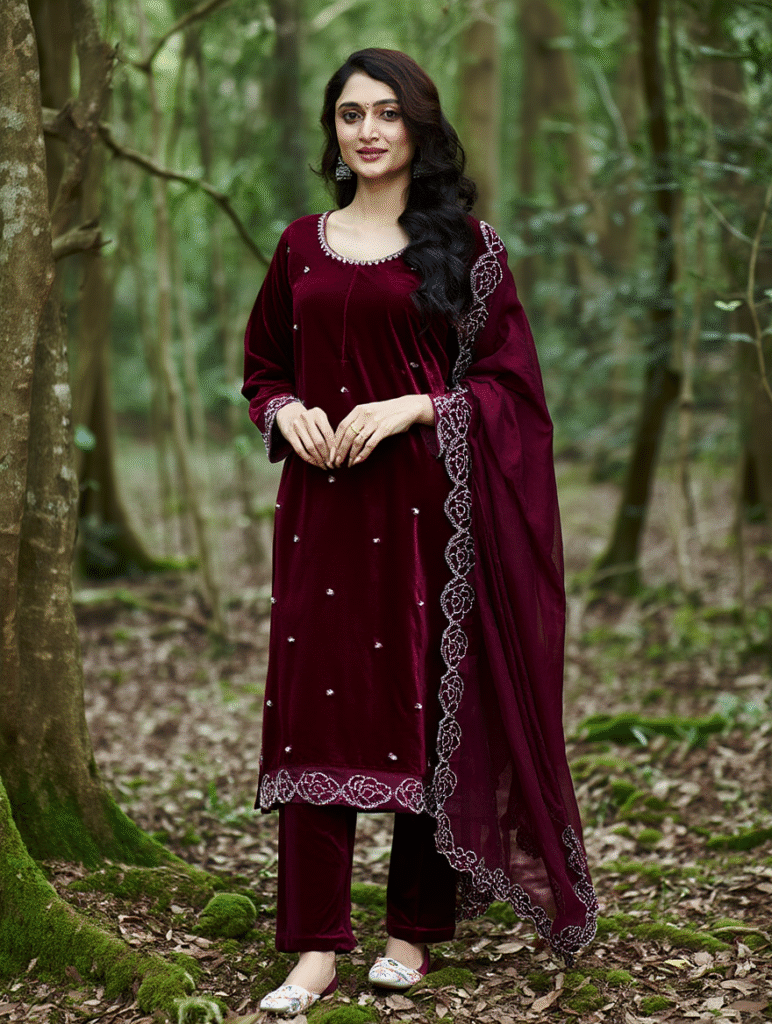 Luxury Maroon Velvet Party Wear Set – Heavy Rhinestone & Embroidered Viscose Velvet Suit | Sajdeya