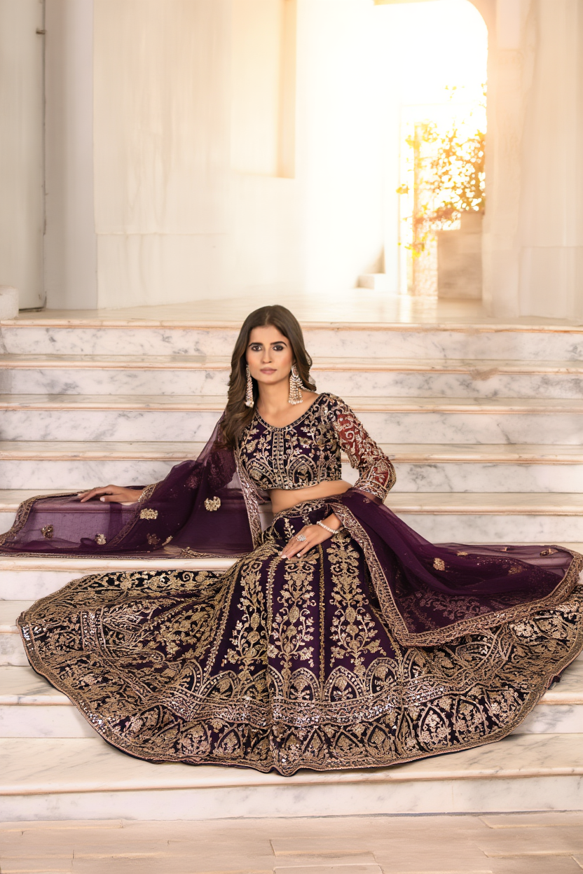 royal purple butterfly net lehenga choli with golden sequins & codding embroidery | sajdeya bridal collection royal purple butterfly net lehenga choli with golden sequins & codding embroidery | sajdeya bridal collection