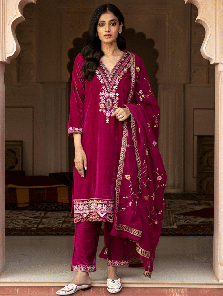 Winterwear Velvet Embroidered Sequence Work Suit Set