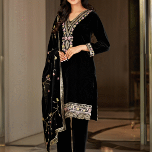 winterwear velvet embroidered sequence work suit set