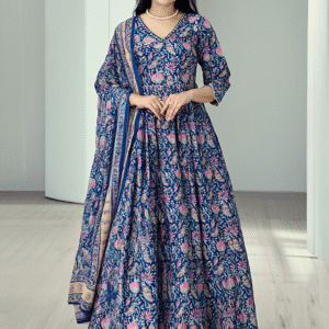 blue floral printed heavy chinon gown with dupatta | elegant ethnic wear for women