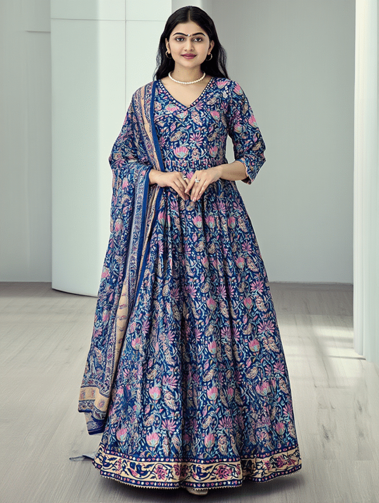 Blue Floral Printed Heavy Chinon Gown with Dupatta | Elegant Ethnic Wear for Women