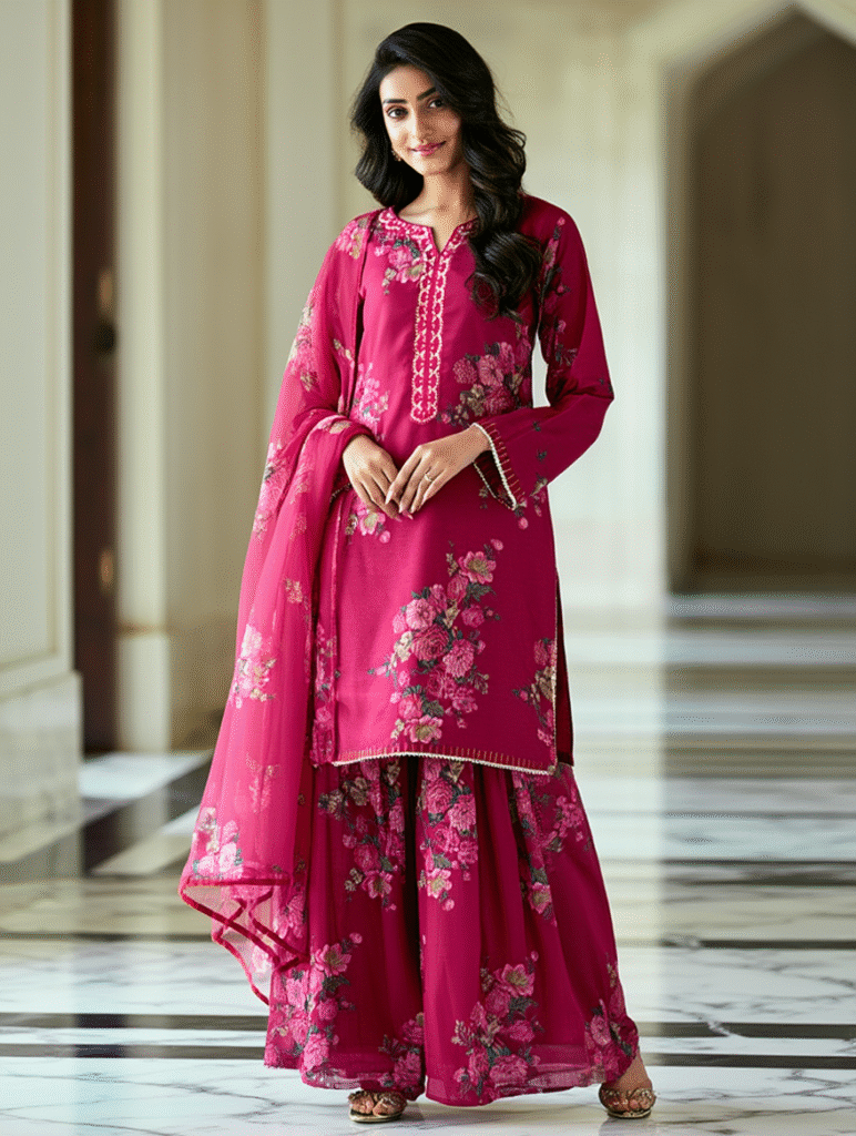 Fuchsia Bloom Digital Print Georgette Suit Set | Ready-to-Wear Designer Collection
