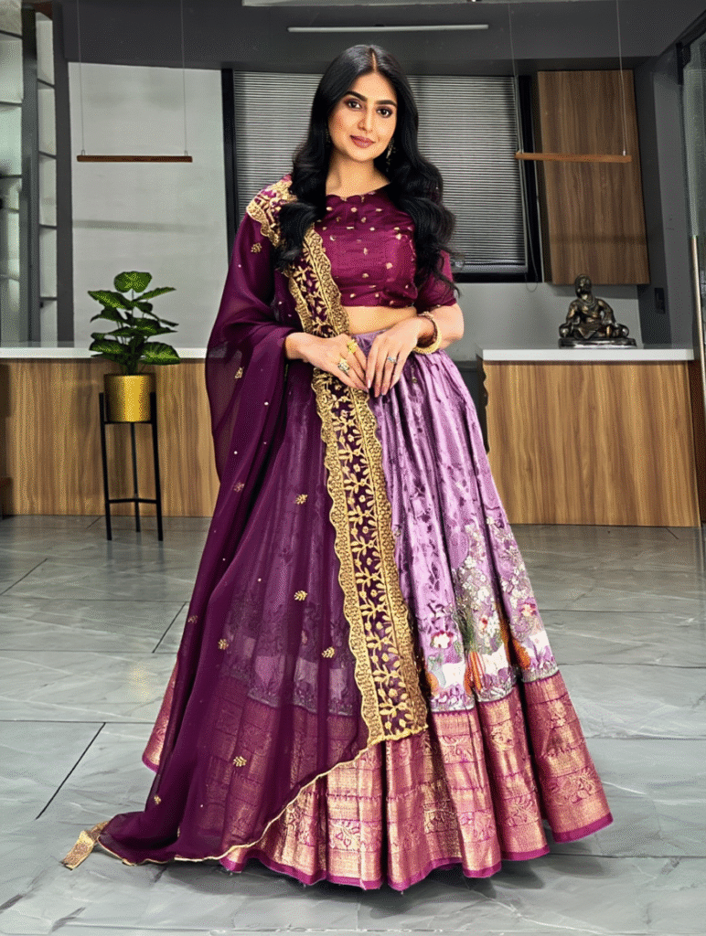 Purple Kalamkari Dola Silk Lehenga with Patola Dupatta | Designer Ethnic Lehenga for Women