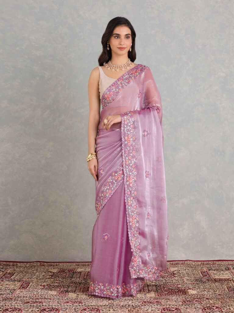 Lavender Soft Berberry Saree with Heavy Sequin Embroidery & Cutwork Border