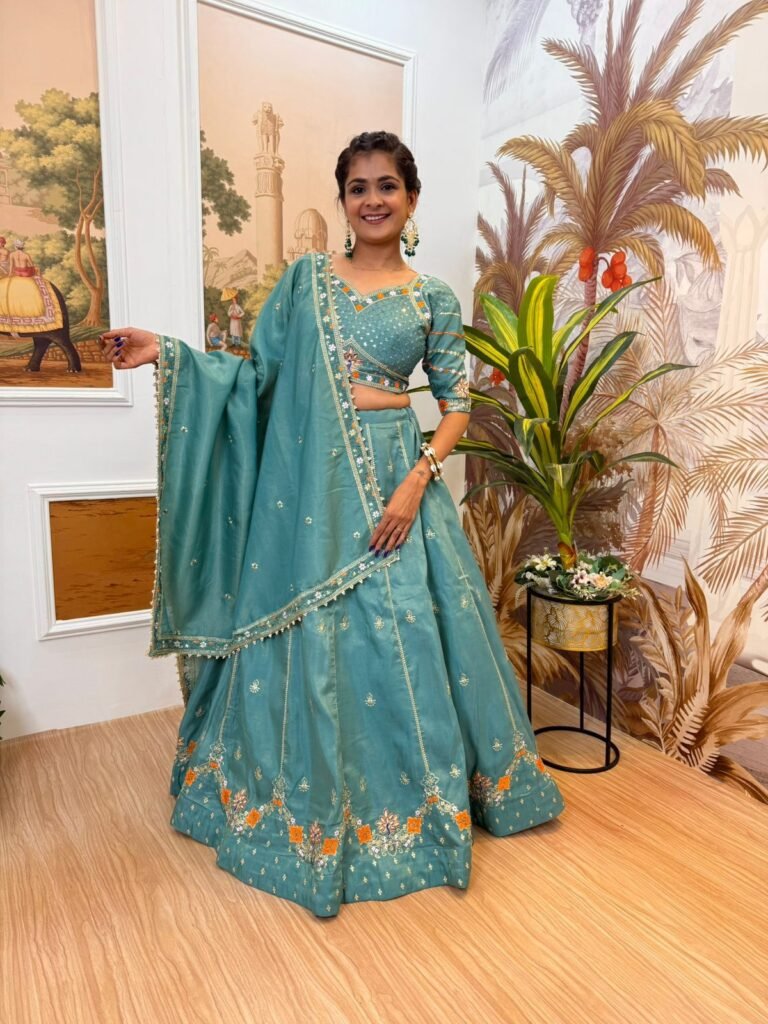 Sage Green Embroidered Silk Lehenga Set | Elegant Wedding & Festive Wear