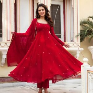 radiant red handwork georgette anarkali suit set | premium party & wedding wear