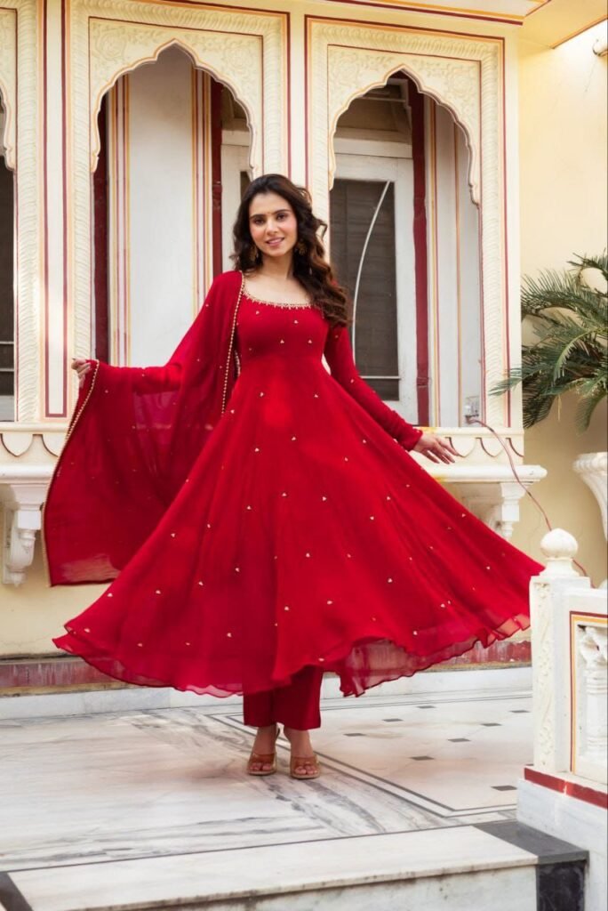 Radiant Red Handwork Georgette Anarkali Suit Set | Premium Party & Wedding Wear