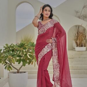premium silver crunchi saree with heavy thread & sequins embroidery work | sajdeya exclusive