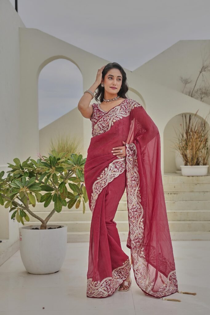 Crimson Red Silver Crunchi Embroidered Saree with Mono Silk Blouse