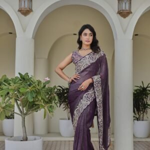 premium silver crunchi saree with heavy thread & sequins embroidery work | sajdeya exclusive