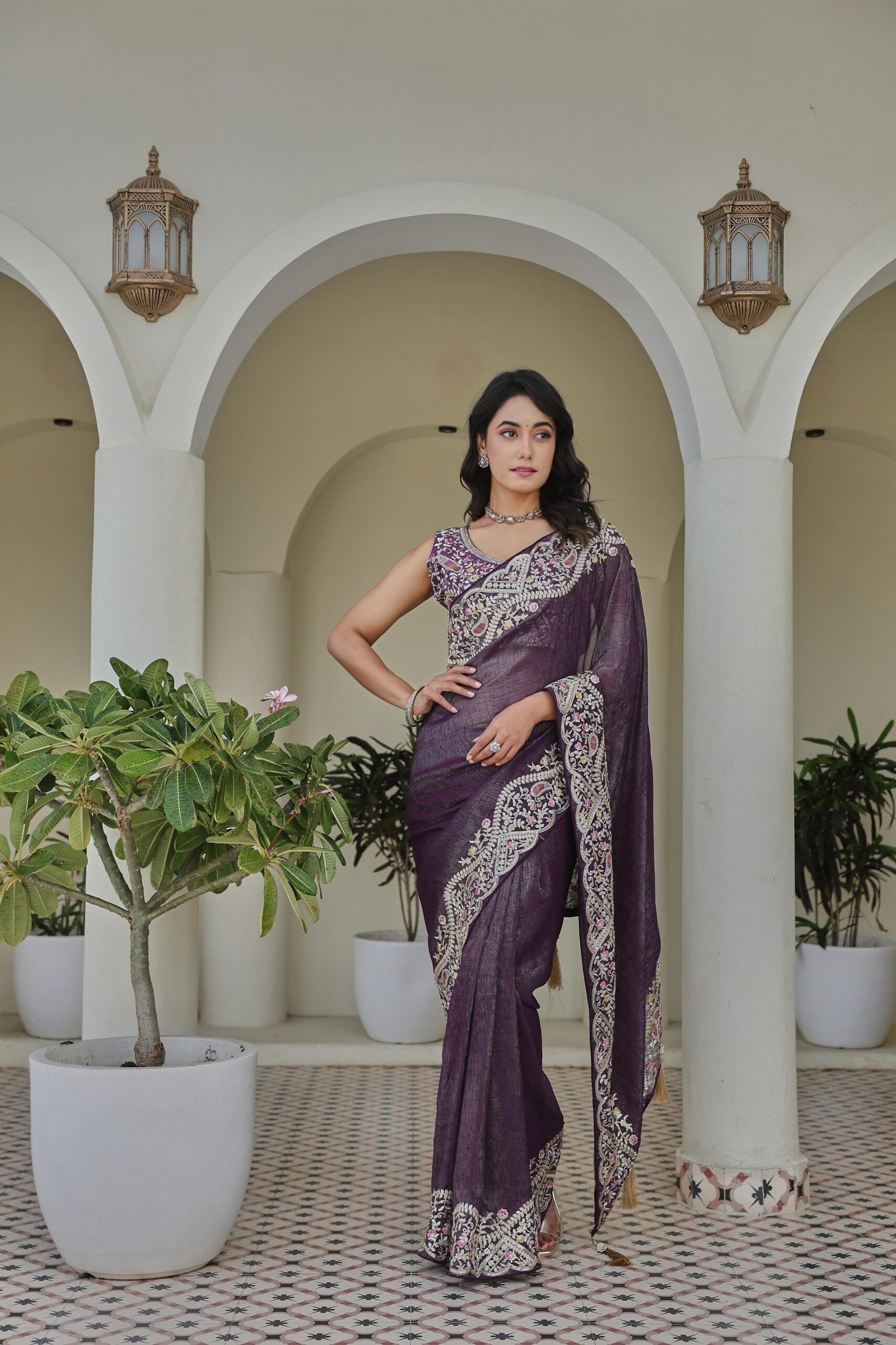 premium silver crunchi saree with heavy thread & sequins embroidery work | sajdeya exclusive premium silver crunchi saree with heavy thread & sequins embroidery work | sajdeya exclusive
