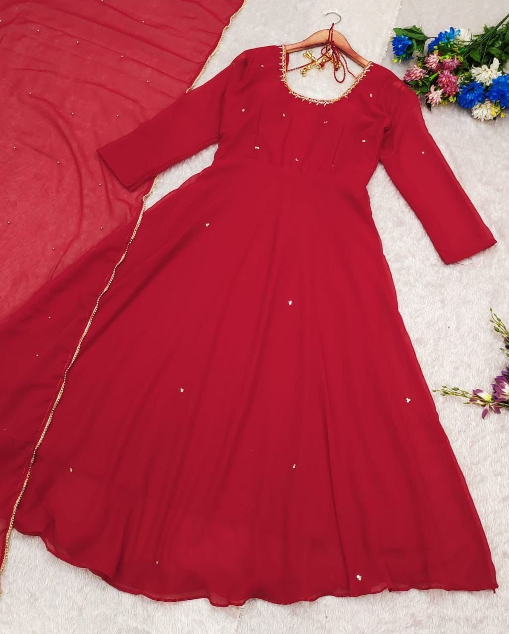 radiant red handwork georgette anarkali suit set | premium party & wedding wear radiant red handwork georgette anarkali suit set | premium party & wedding wear