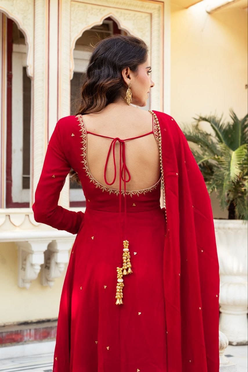 radiant red handwork georgette anarkali suit set | premium party & wedding wear radiant red handwork georgette anarkali suit set | premium party & wedding wear