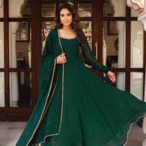 elegant green handwork fox georgette anarkali with dupatta