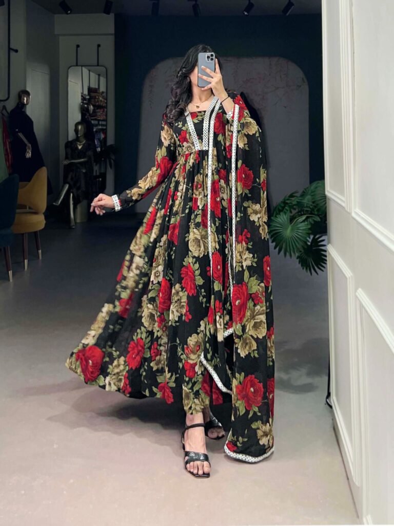 Floral Georgette Gown with Dupatta – Petals & Power Moves Edition