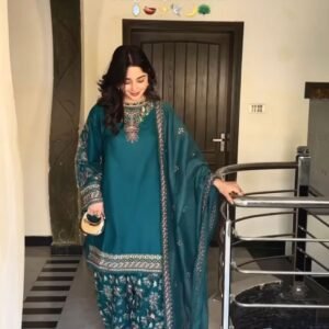 teal blue faux georgette embroidered dhoti salwar suit set with dupatta