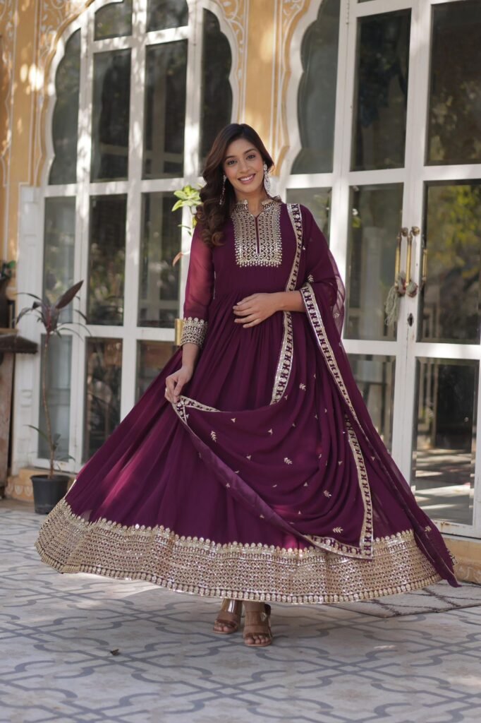 Premium Wine Faux Blooming Georgette Embroidered Gown Set with Dupatta
