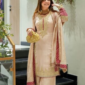 peach embroidered chinon silk suit set with dupatta | festive ethnic wear for women