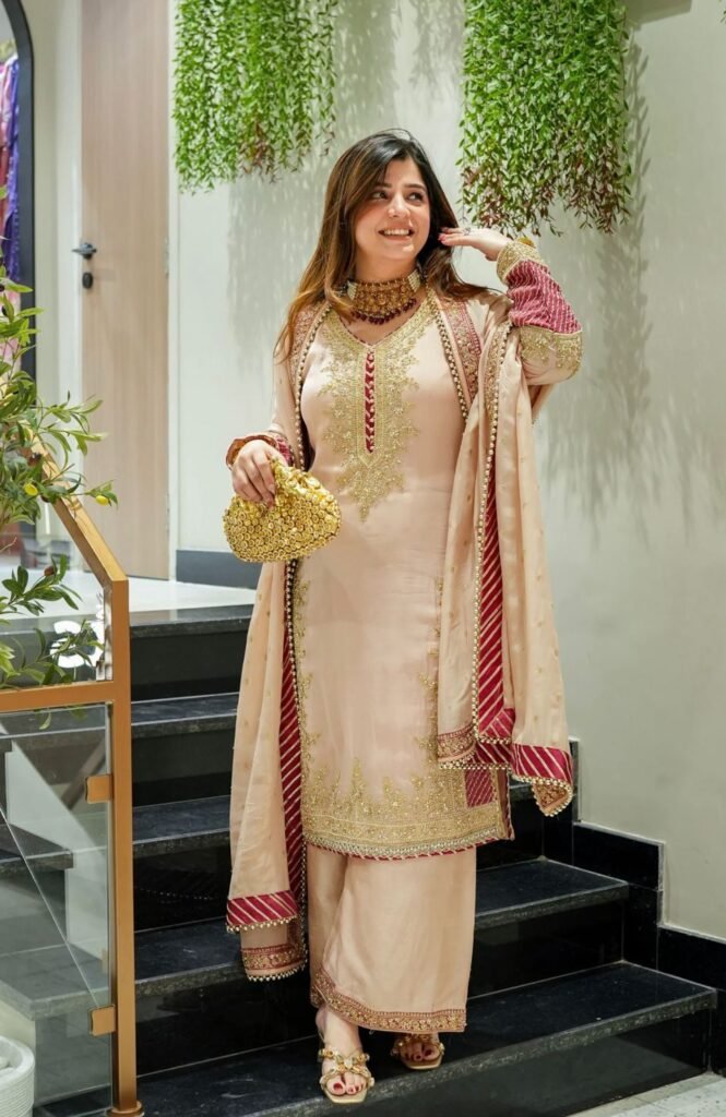 Peach Embroidered Chinon Silk Suit Set with Dupatta | Festive Ethnic Wear for Women-