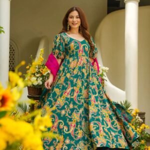 premium digital printed jimmy organza silk anarkali gown with dupatta – sajdeya