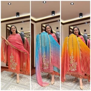 premium pure softy chinon silk kurti set with aari & hand work (3 piece ready to wear)