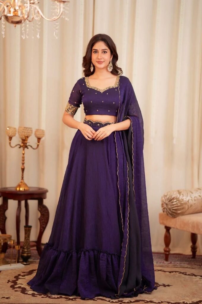 Royal Purple Diamond Crush Silk Lehenga with Ruffle Border & Sequin Work
