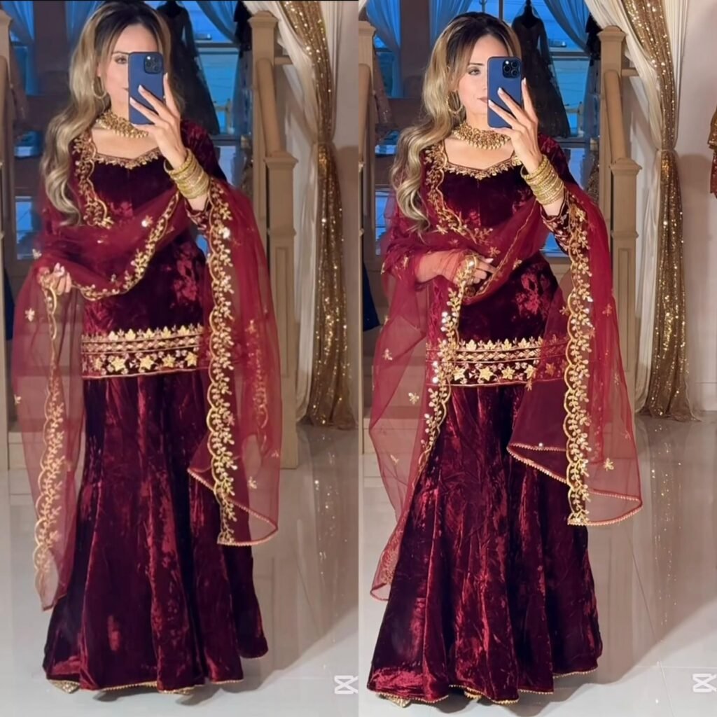 Maroon Velvet Embroidered Sharara Set with Dupatta | Sajdeya Designer Party Wear Collection