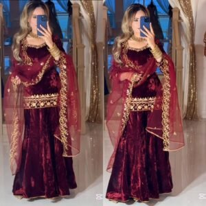 maroon velvet embroidered sharara set with dupatta | sajdeya designer party wear collection