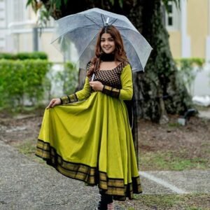 olive green vichitra silk gown with dupatta | sajdeya jacquard zari weaving party wear gown