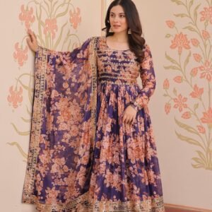 navy blue floral russian silk gown with dupatta | sajdeya embroidered sequins party wear collection