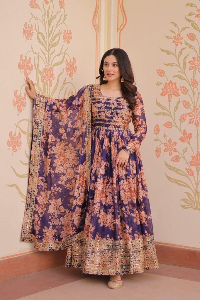 Navy Blue Floral Russian Silk Gown with Dupatta | Sajdeya Embroidered Sequins Party Wear Collection