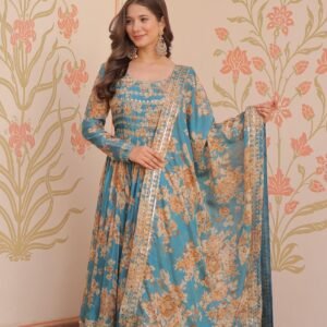 navy blue floral russian silk gown with dupatta | sajdeya embroidered sequins party wear collection
