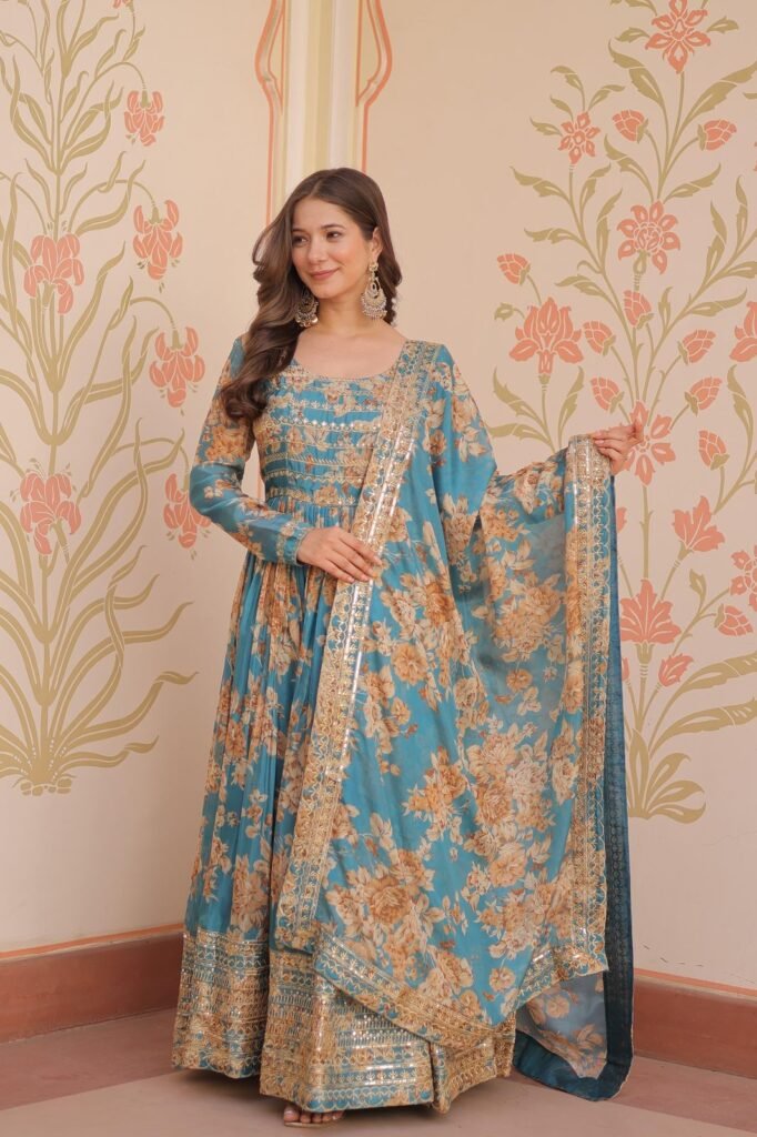 Premium Russian Silk Designer Floral Gown with Embroidered Sequins Work & Dupatta – 2025 Collection