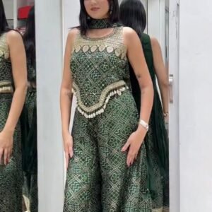 elegant green faux georgette embroidered palazzo suit set with dupatta