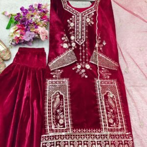 maroon pure viscose velvet embroidered patiala suit set with net dupatta