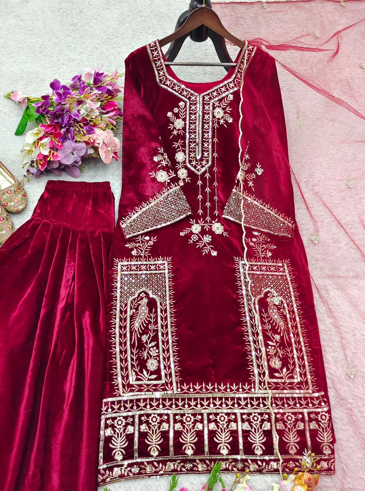 maroon pure viscose velvet embroidered patiala suit set with net dupatta maroon pure viscose velvet embroidered patiala suit set with net dupatta