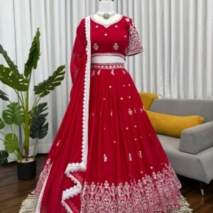 red embroidered faux georgette lehenga set for women – sajdeya signature bridal collection