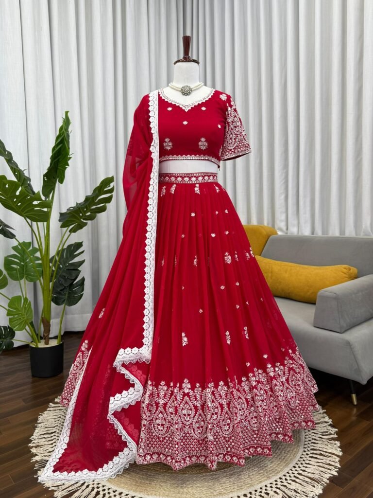 Red Embroidered Faux Georgette Lehenga Set for Women – Sajdeya Signature Bridal Collection
