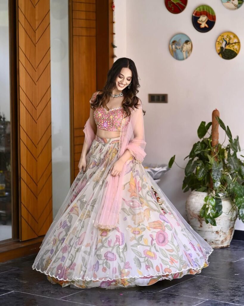pink floral chinon silk lehenga set for women – sajdeya luxury designer collection