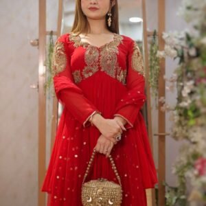 red embroidered fox georgette plazo set for women – sajdeya premium festive collection