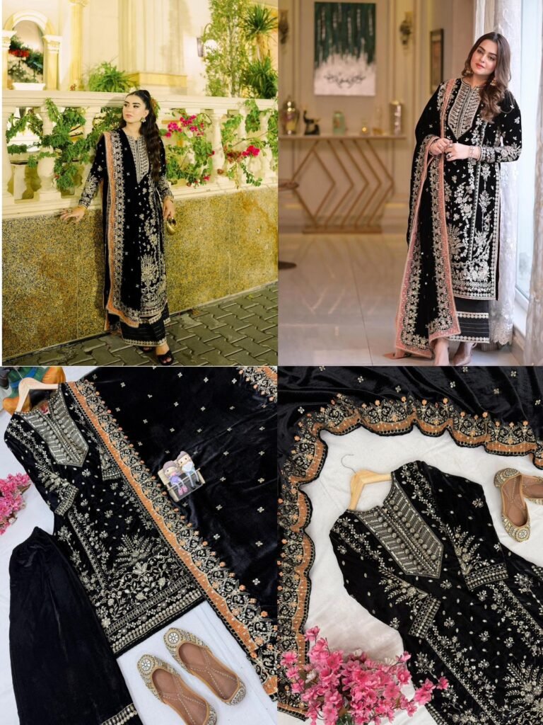 Designer Velvet Kurti-Plazzo & Dupatta Set – Black Beauty Edition