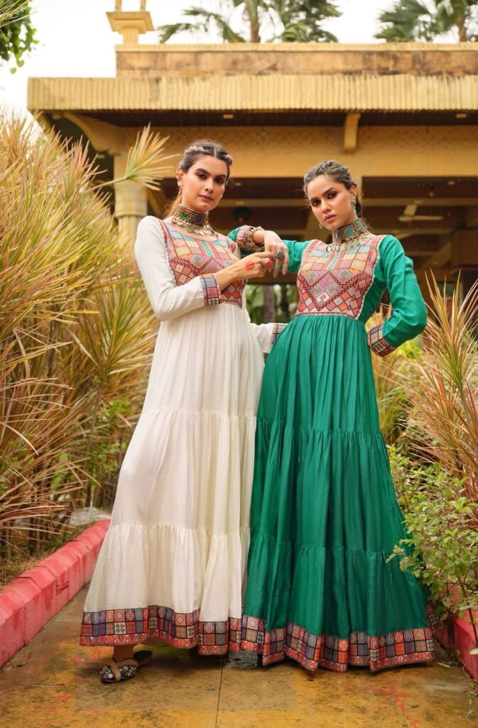 Gamthi Jacquard Neck Rayon Flairy Gown with 7 Meter Ruffle Flair – Premium Festive Wear