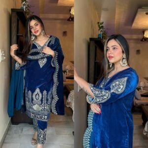 royal blue heavy velvet embroidered suit set with dupatta